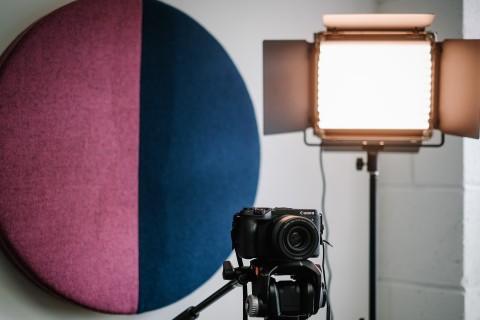 Acoustic panels and lights in a podcast studio