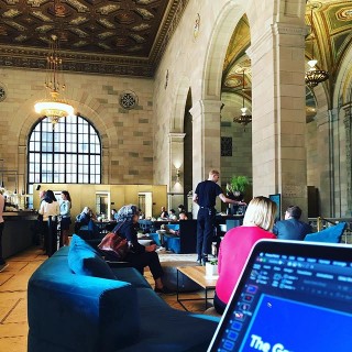 What a fabulous co-working space this is - in an old bank in Vieux Montréal. Finalising my slides for #dotall2019 on Thursday #thisaintnoholiday #coworking #workingonthego #remoteworking #agencylife #digitalagency #montreal