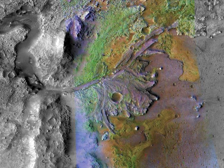 20km wide image showing the Jezero crater, a candidate landing site for NASA’s Mars 2020 mission. Areas of clay minerals appear green. NASA/JPL-Caltech/MSSS/JHU-APL