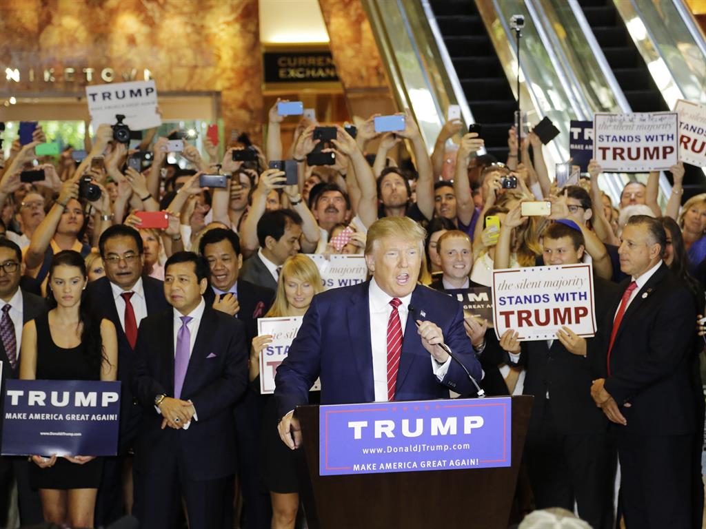 On home ground Donald Trump holds a news conference in the lobby of Trump Tower on the presidential campaign trail last year