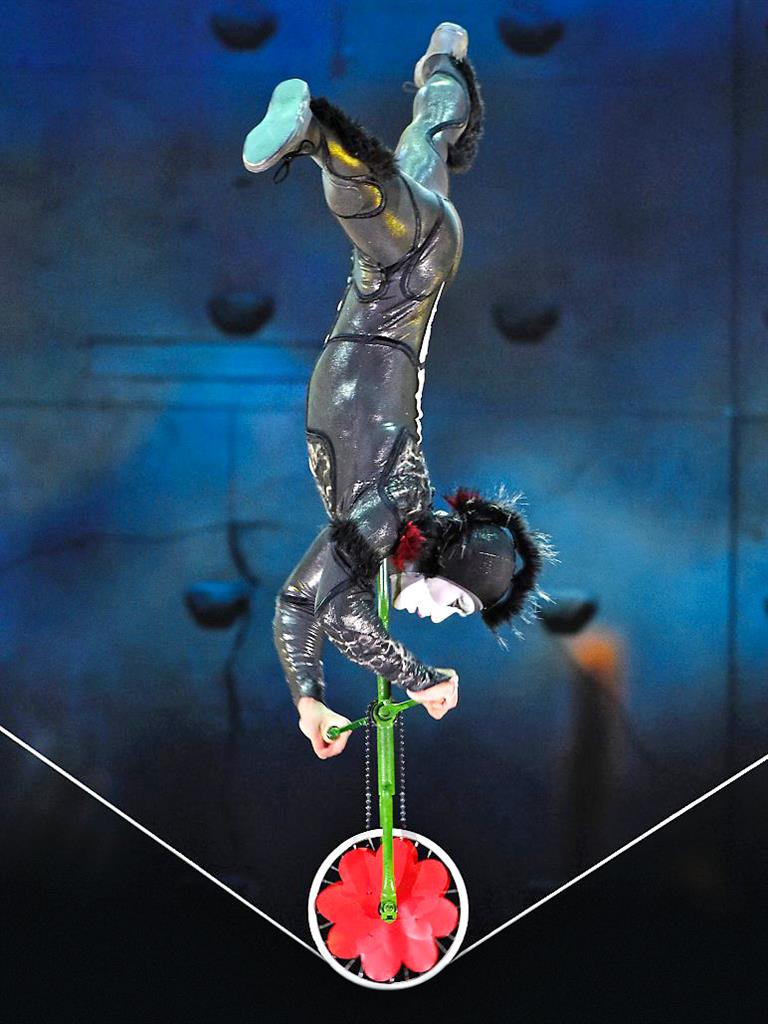 Breathtaking: An upside-down performer rides a unicycle on a high wire PICS: GOFF PHOTOS