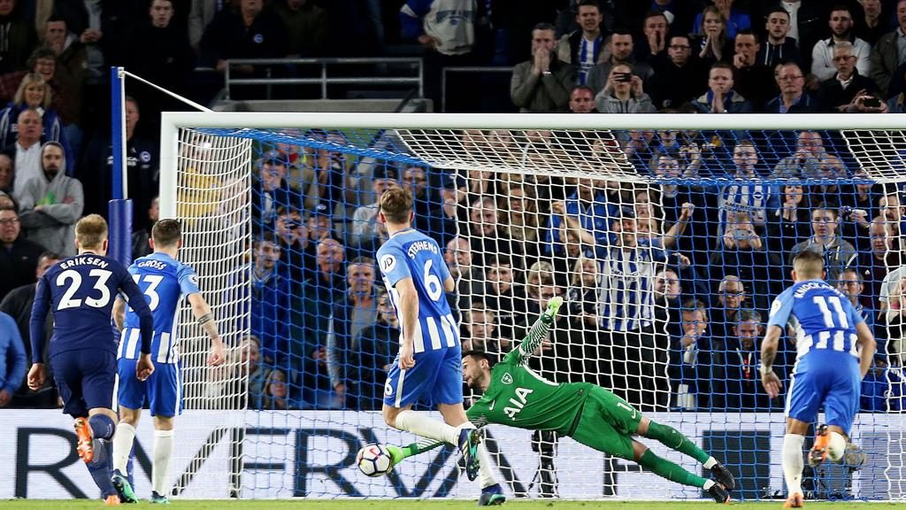 Quick response Gross fires past Lloris to equalise from the spot for Brighton after Kane had put the visitors ahead