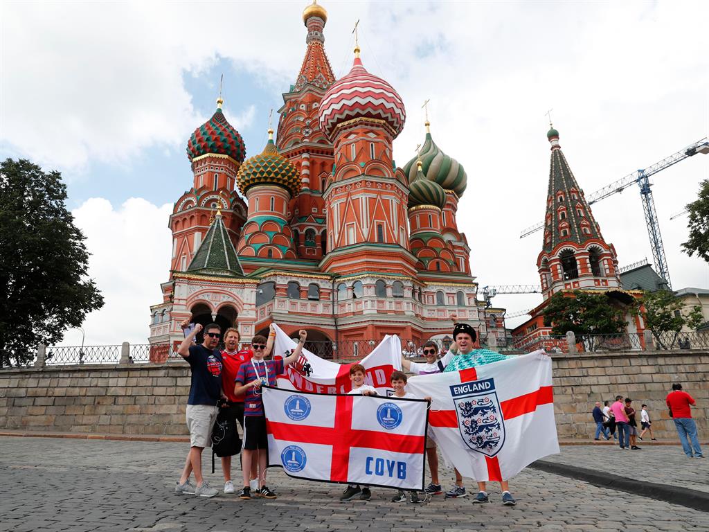 It's coming home: England fans in front of Saint Basil's Cathedral in Red Square