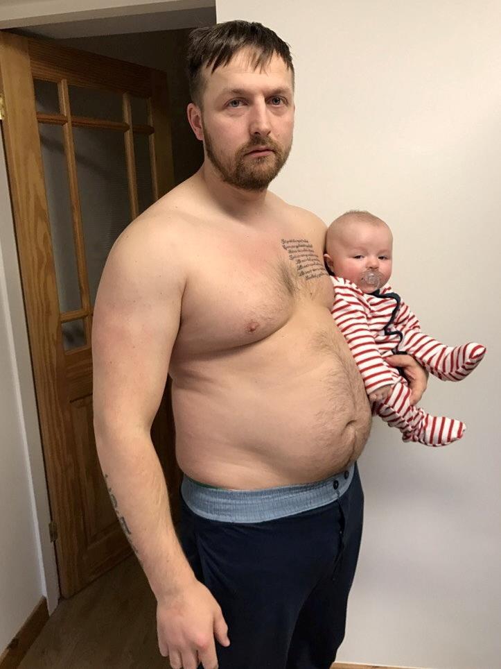 Bigger: Sion Monty pictured with Tedi before his incredible body transformation