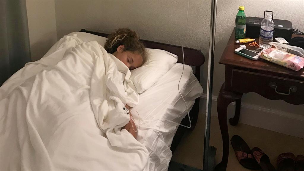 Another casualty: Amelia on a drip after falling ill with gastroenteritis