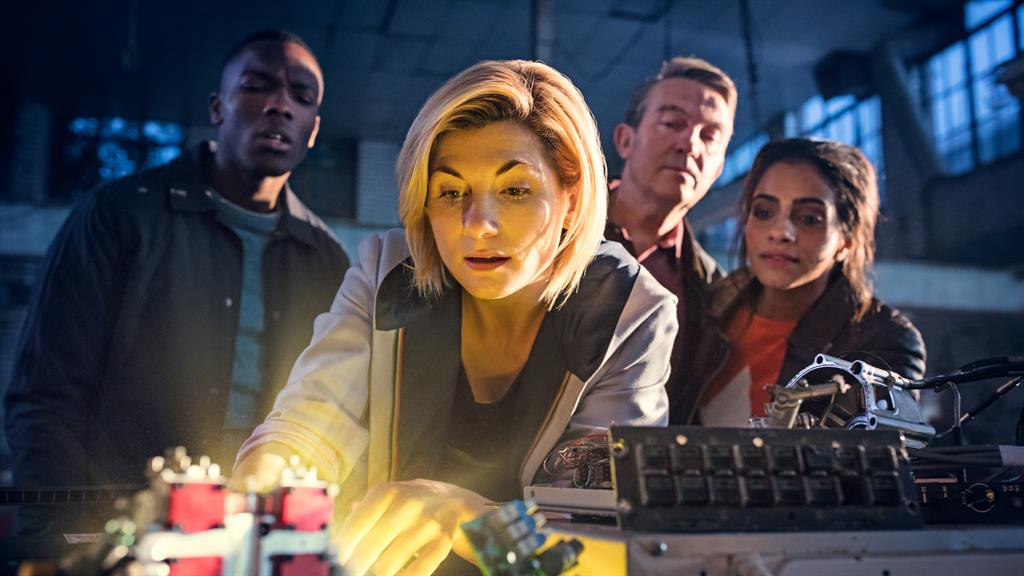 Tardis team: Whittaker with Tosin Cole, Bradley Walsh and Mandip Gill