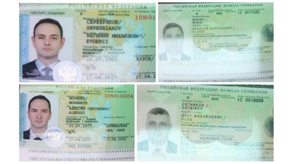 Passports: Clockwise from top left, Evgenii Serebriakov, Alexey Minin, Oleg Sotnikov and Aleksei Morenets