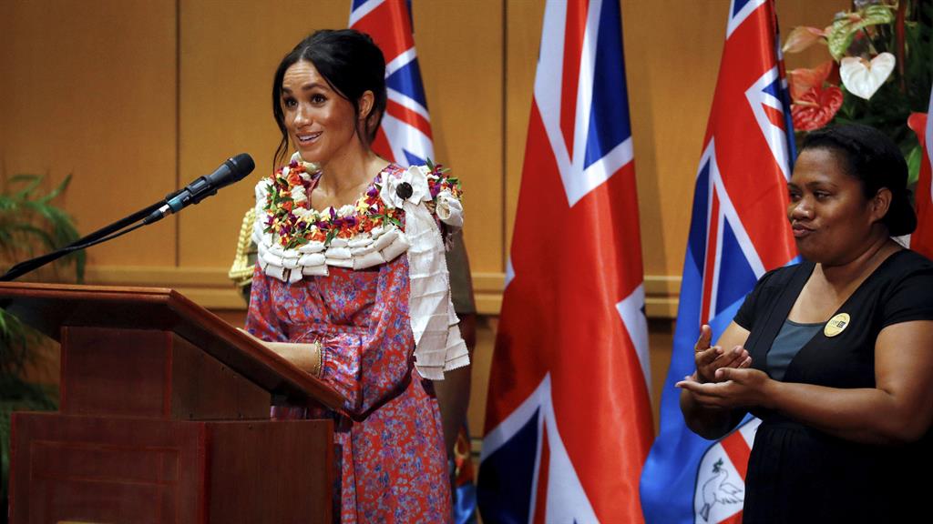 Inspiring: Meghan delivers a speech at the University of the South Pacific