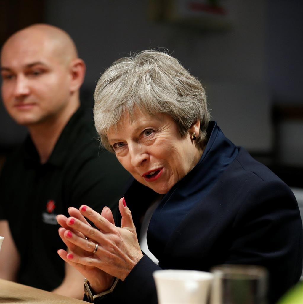 Selling her deal Mrs May at the Scottish Leather Group in Bridge of Weir