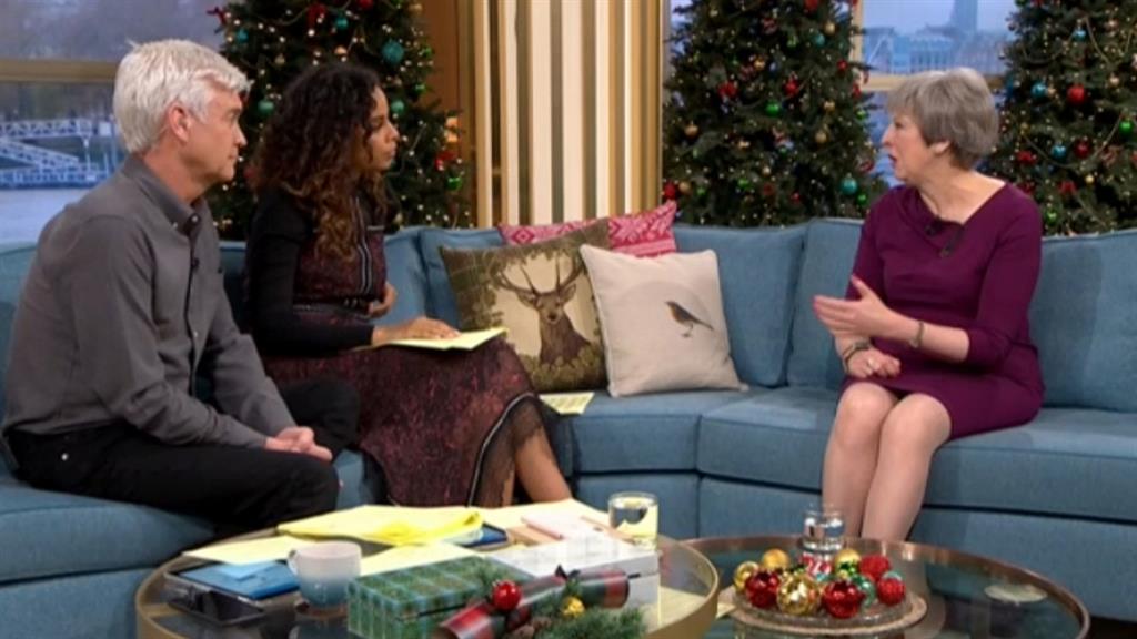 Strictly fan: Theresa May tells This Morning hosts Phillip Schofield and Rochelle Humes that she doesn’t want any TV debate with Jeremy Corbyn to clash with the BBC dance show PICTURE: PA/ITV