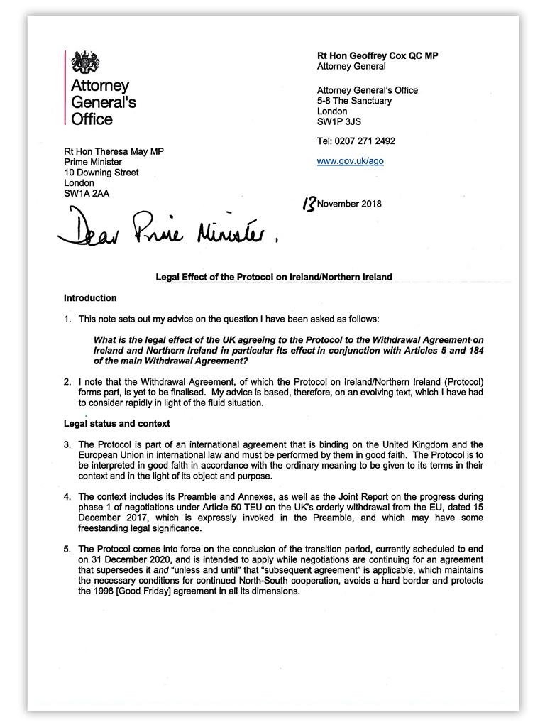 Secret no more: First page of the attorney general’s legal advice to the Cabinet