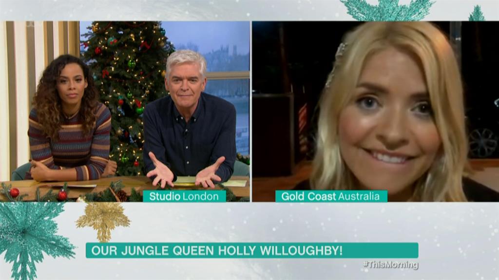 G'day: Holly Willoughby being interviewed by Phillip Schofield and her stand-in This Morning presenter Rochelle Humes PICTURE: ITV