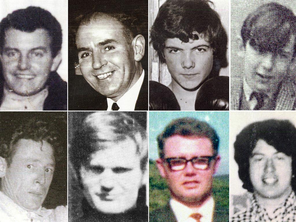 Killed: (top row, left to right) Patrick Doherty, Bernard McGuigan, John 'Jackie' Duddy and Gerald Donaghey and (bottom row, left to right) Gerard McKinney, Jim Wray, William McKinney and John Young