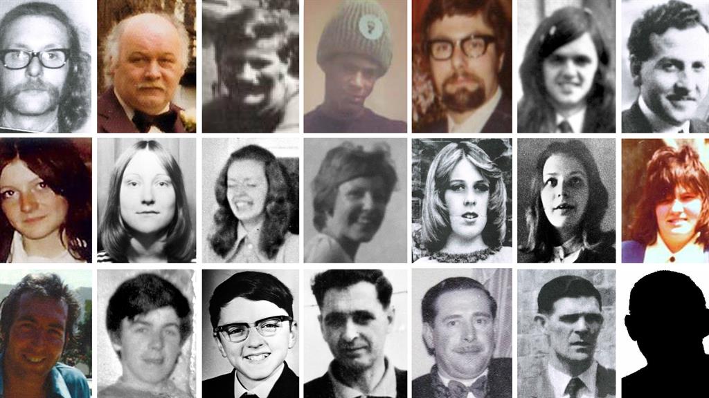 Bomb victims: (top row, left to right) Michael Beasley, 30, Stan Bodman, 47, James Craig, 34, Paul Davies, 17, Trevor Thrupp, 33, Desmond Reilly, 20 and James Caddick, 40, (second row, left to right) Maxine Hambleton, 18, Jane Davis, 17, Maureen Roberts, 20, Lynn Bennett, 18, Anne Hayes, 18, Marilyn Nash, 22 and Pamela Palmer, 19, (bottom row, left to right) Thomas Chaytor, 28, Eugene Reilly, 23, Stephen Whalley, 21, John Rowlands, 46, John 'Cliff' Jones, 51, Charles Gray, 44, and Neil Marsh, 16 (no picture available) PICTURE: PA