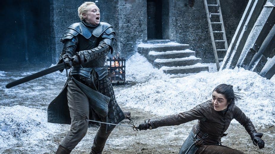 Warrior women: Brienne of Tarth, left, and Arya Stark sparring PICTURE: ©2017 HOME BOX OFFICE, INC Warrior women: Brienne of Tarth, left, and Arya Stark sparring PICTURE: ©2017 HOME BOX OFFICE, INC