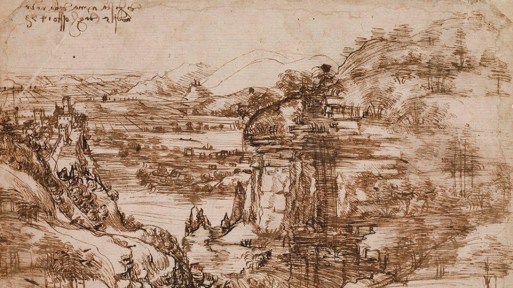 Landscape drawing for Santa Maria della Neve PICTURE: HTTPS://WWW.LEONARDODAVINCI.NET