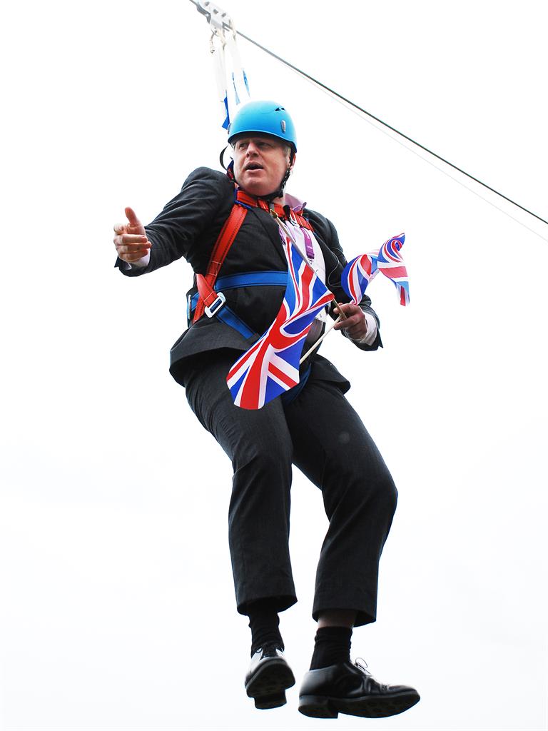 Gaffes: Boris stuck on a zipwire in London; below: charging over a boy during a rugby game in Japan and falling into a river he was helping clean in 2009 PICTURES: ISABEL INFANTES/REUTERS/PA