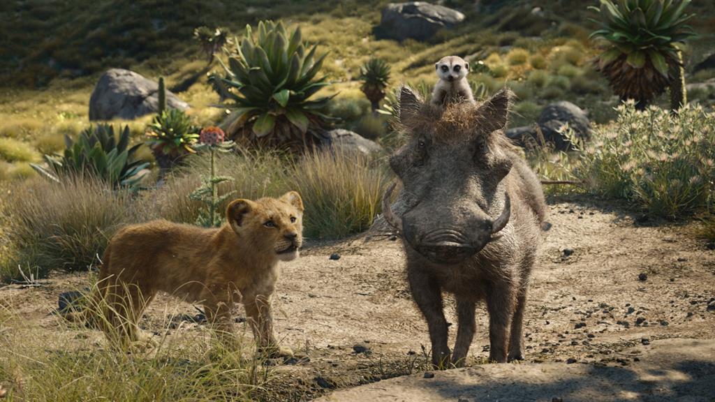Friends: Simba, voiced by JD McCrary, Timon, a meerkat voiced by Billy Eichner, and Pumbaa, a warthog voiced by Seth Rogen, in a scene from The Lion King PICTURE: AP