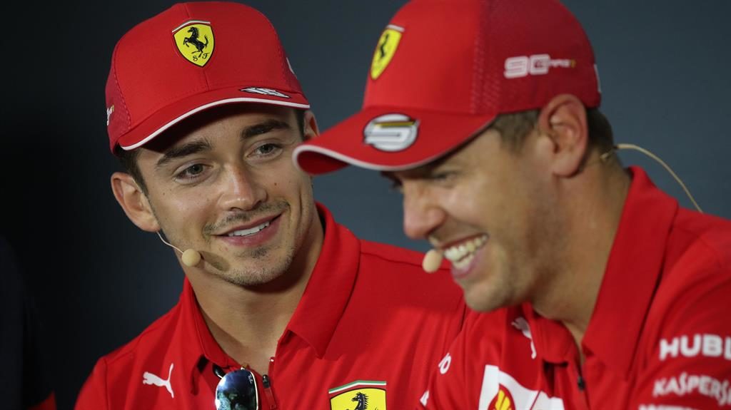 Best friends Fer-ever Leclerc and Vettel enjoy a laugh together yesterday