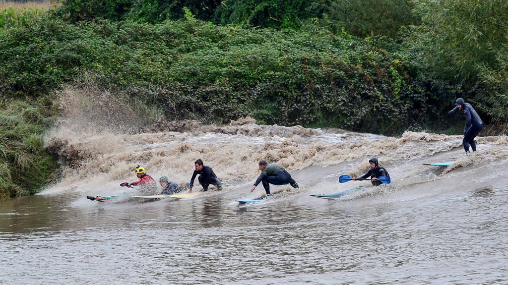 Surf's up: Surfers and kayakers ride today's 4 star bore on the River Severn PICTURE: SWNS