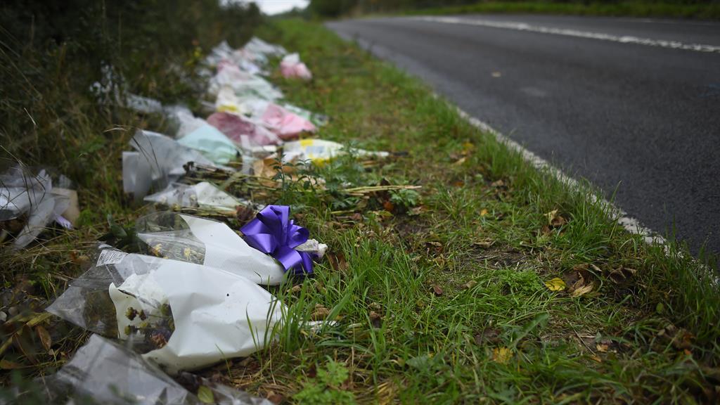 Crash scene: Flowers left in remembrance of Harry Dunn on the B4031 near RAF Croughton PICTURE: GETTY