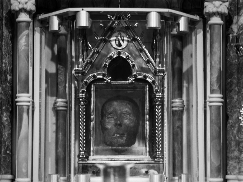Face value: St Oliver Plunkett’s head at St Peter’s Church and a light installation by Mark Anderson below