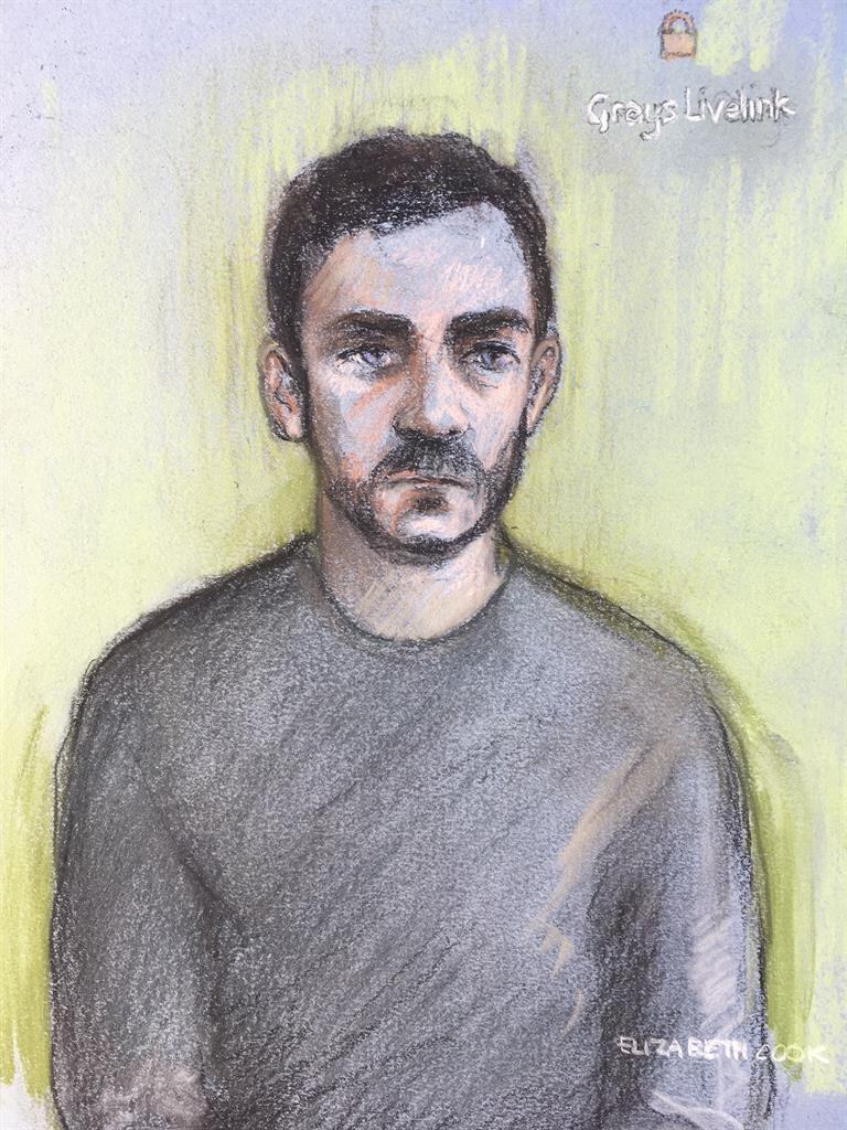 In custody: Court artist sketch of lorry driver Maurice Robinson on video-link at Chelmsford magistrates' court PICTURE: ELIZABETH COOK/PA