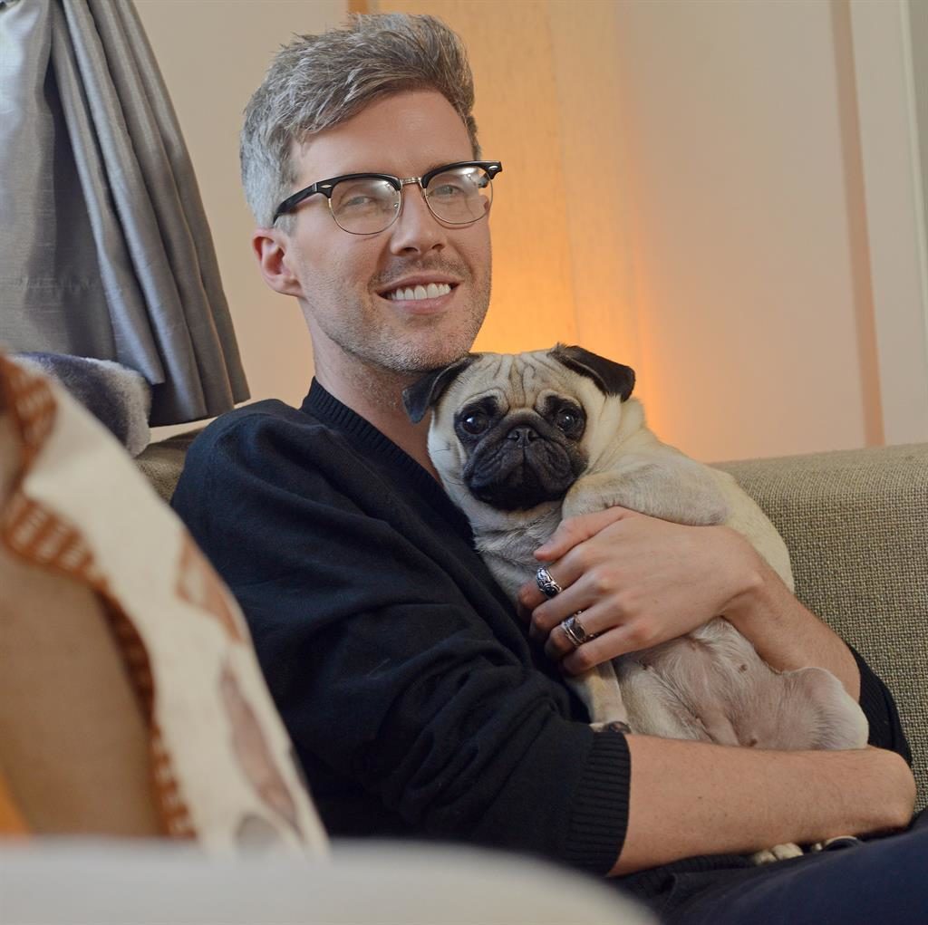 Pug life: Jamie and Betty are blissfully happy in their Hertfordshire home; below: Jamie loves the house’s original features Pug life: Jamie and Betty are blissfully happy in their Hertfordshire home; below: Jamie loves the house’s original features