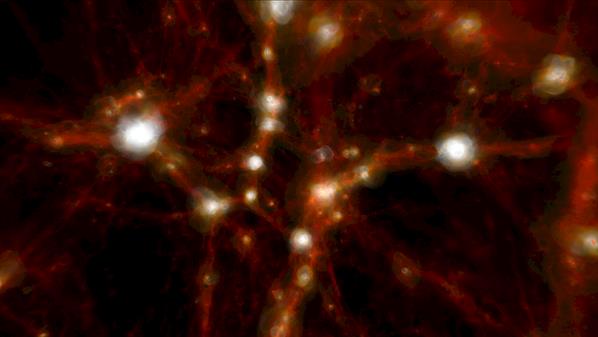 Cosmic web: Galaxies form at the dense nodes in this simulation of the distribution of gas in the universe