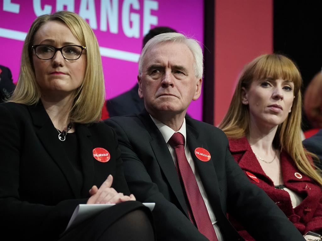 Support: Shadow business secretary Rebecca Long-Bailey (left), shadow chancellor John McDonnell and shadow education secretary Angela Rayner look on as Labour leader Jeremy Corbyn speaks at the launch of the party's election manifesto at Birmingham City University
