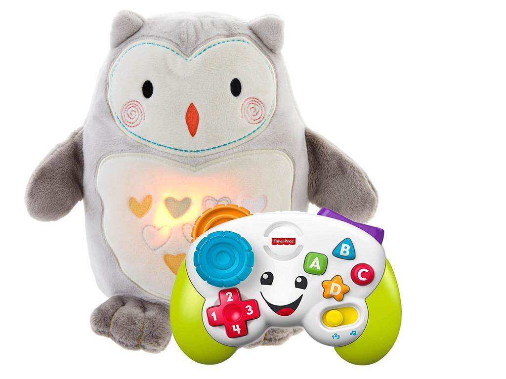 Baby essentials: A Fisher-Price toy and Ollie The Owl