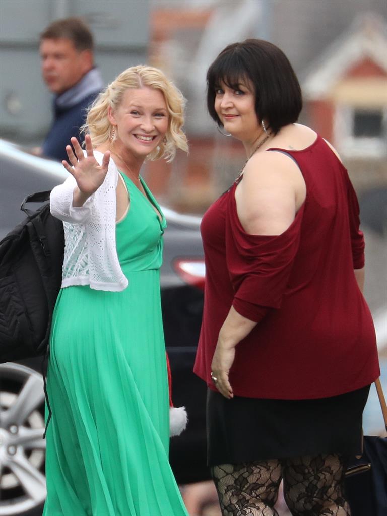 What's occurin'?: Joanna Page and Ruth Jones during filming for the festive special PICTURE: PA