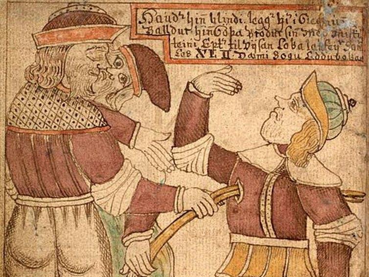 Baldur being killed by his blind brother Hod: 18th century Icelandic illustration PICTURE: JAKOB SIGUROSSON