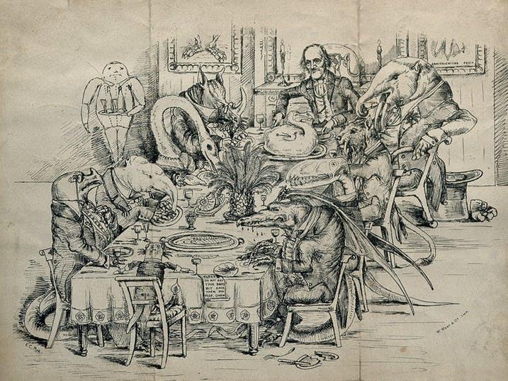 Warping public perceptions: Richard Owen presides over a dinner table attended by dinosaurs PICTURE: WELLCOME IMAGES, CC BY-SA