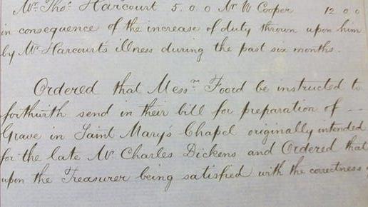 Done deal: Extract confirming the payment made to John Foord & Sons for preparing Dickens’s grave PICTURE: MEDWAY ARCHIVES