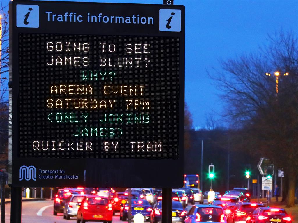 Hit the road: Witty sign for Blunt’s gig in Manchester PICTURE: EAMONN AND JAMES CLARKE