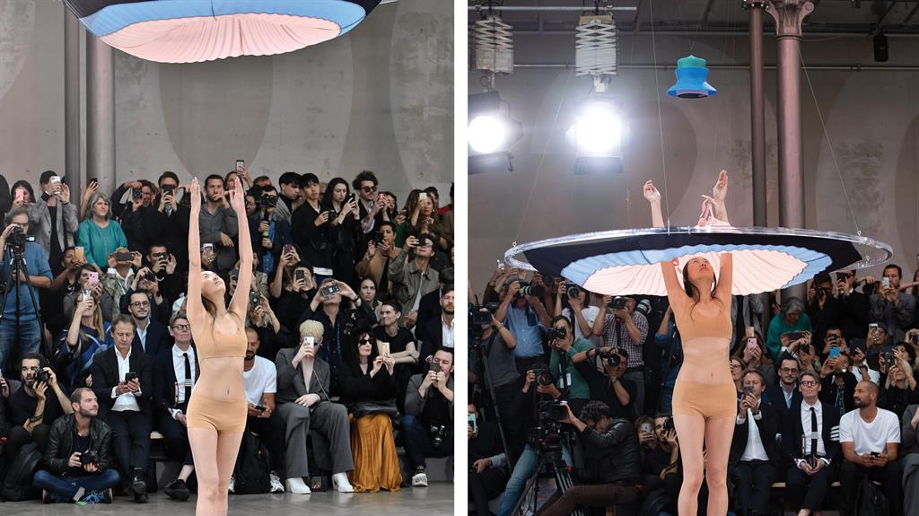 Skyfall: A ‘drone’ dresses a model at Issey Miyake’s Paris show and, left, a Stella McCartney 3D printed trainer