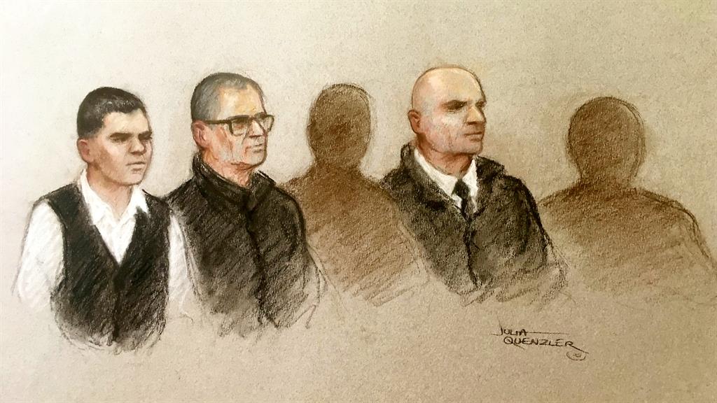 Murder denials: An artist's impression of Henry Long, left, escorted in the dock, with two shadowed-out 17-year-old defendants PICTURE: SWNS