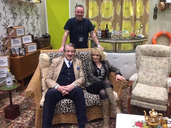 Pukka: Michael Hutchinson in the replica front room with the real Boycie and Marlene PICTURE: SWNS