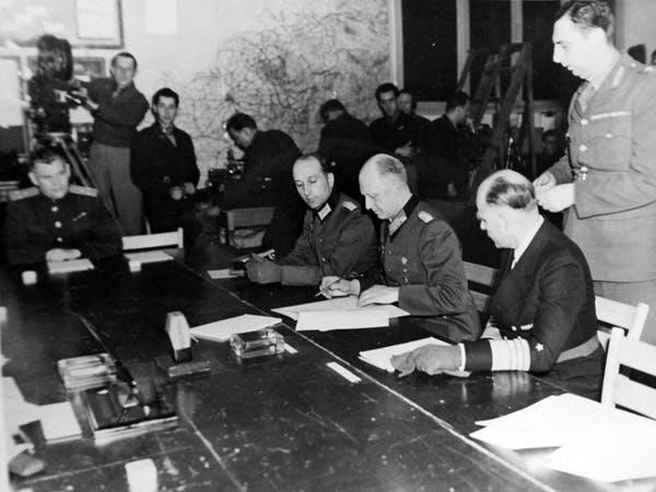 Surrender: General Alfred Jodl, German chief of staff, signing unconditional surrender in Allied HQ in Reims, France, May 7, 1945 PICTURE: US LIBRARY OF CONGRESS
