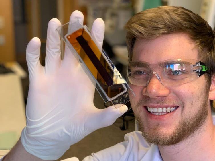 Powerful stuff: Researcher Hannes Michaels holding a prototype 'zombie' solar cell PICTURE: AUTHOR PROVIDED