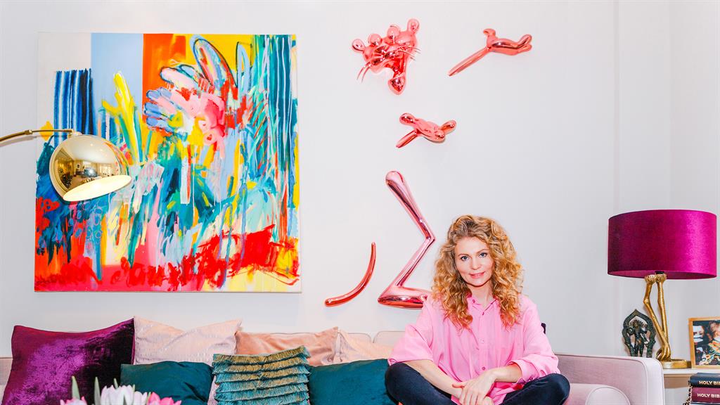 In the pink: Olga’s own bright Pink Panther works well next to a colourful abstract