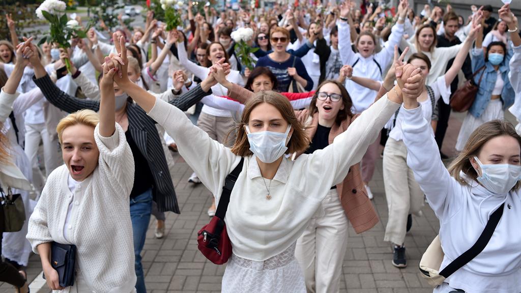 Taking a stand: Women protest against police violence at a rally in Minsk PICTURE: GETTY