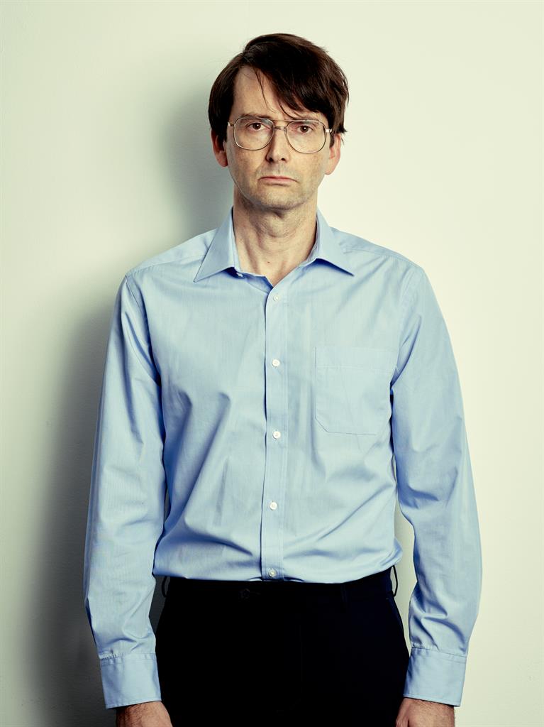 Unnerving: David Tennant mimics the pose of murderer Dennis Nilsen (below)