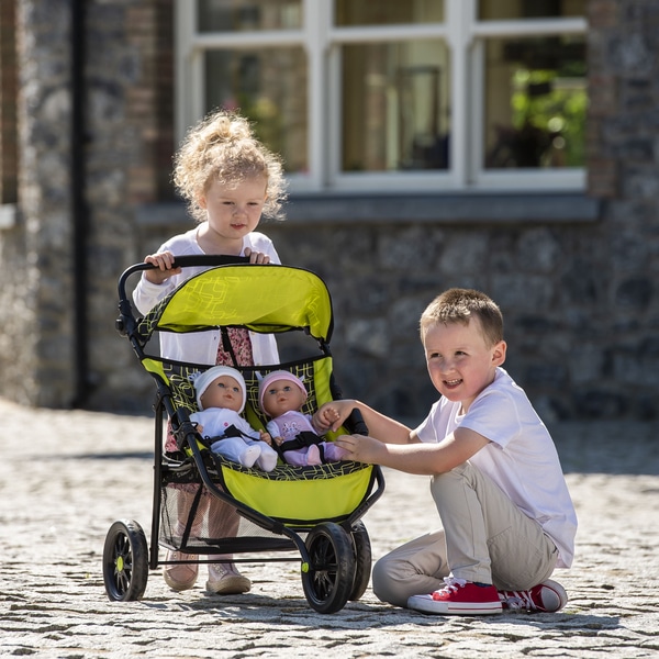 the importance of colour branding - yellow doll pram being played with by a boy and girl