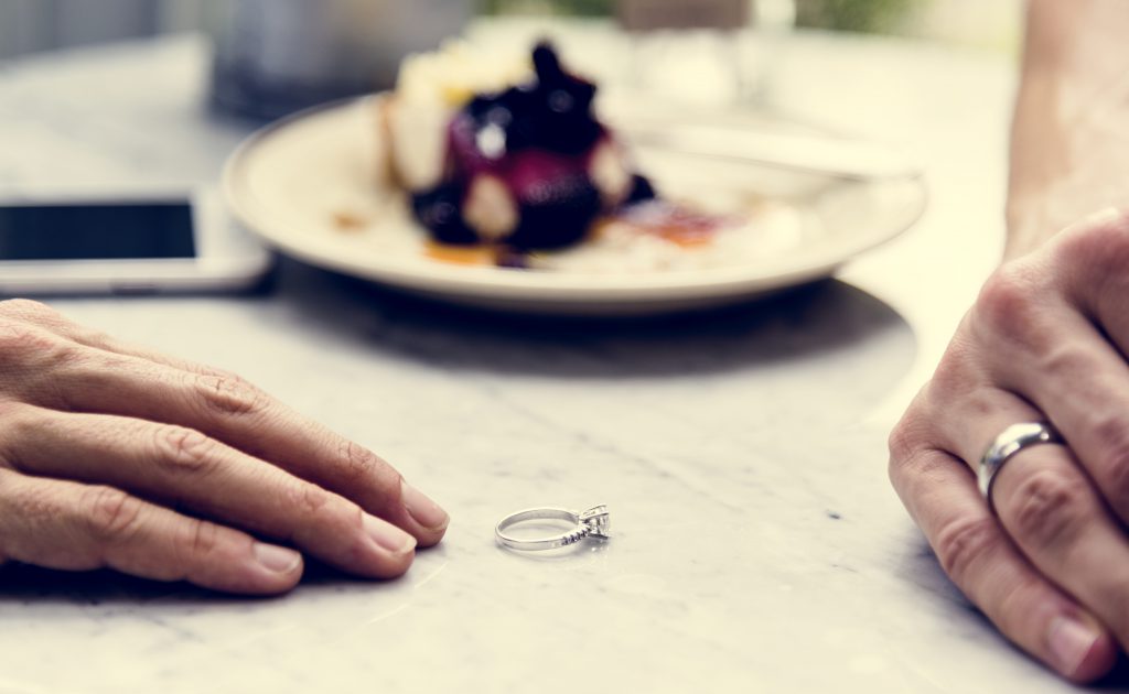 Calling Time On Our Marriage - couple's hands and woman's wedding ring on table