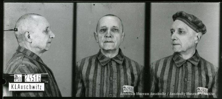 A mugshot registration photograph from Auschwitz. A man with a shaved head wearing a striped uniform photographed in three positions (profile and front with bare head and a photo with a slightly turned head with a hat on). The prisoner number is visible on a marking board on the left.
