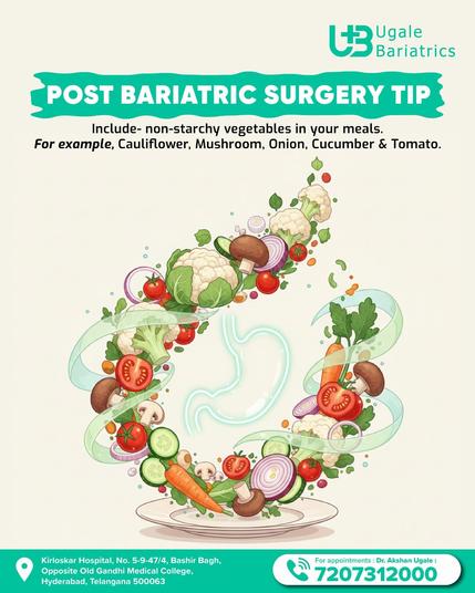 An assortment of non-starchy vegetables like cauliflower, mushrooms, onions, cucumbers, and tomatoes is shown swirling around a stylized stomach illustration.