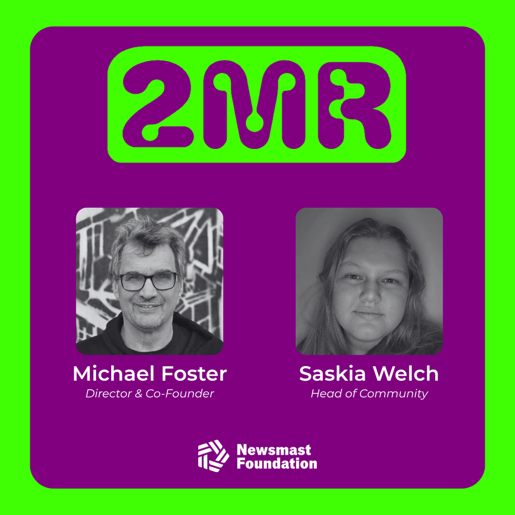A neon green and purple graphic using 2MR branding showing Michael Foster, Director & Co-Founder, and Saskia Welch, Head of Community.

Michael, a man, smiles into the camera, wearing black square frame glasses and a hoodie. 

Saskia, a woman, smiles into the camera. She has long blonde hair and wears a button shirt.