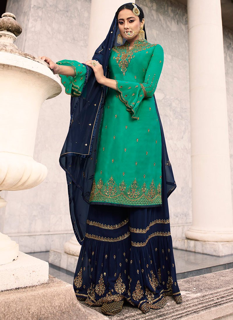Turquoise Satin Georgette Sharara Suit - Salwar Kameez Designer Collection